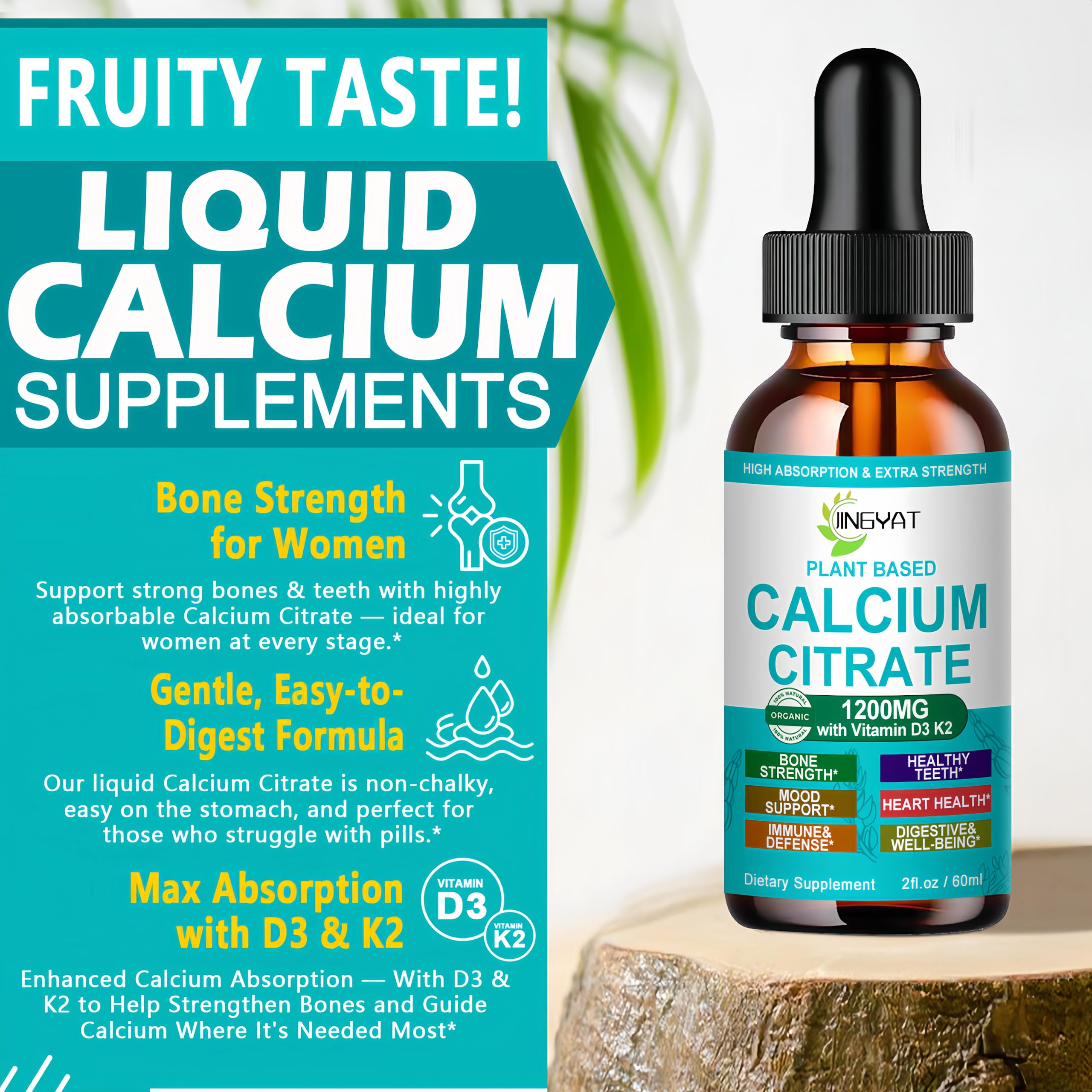 JINGYAT Calcium Drops ingredients highlight vitamin D3 and K2 for better utilization