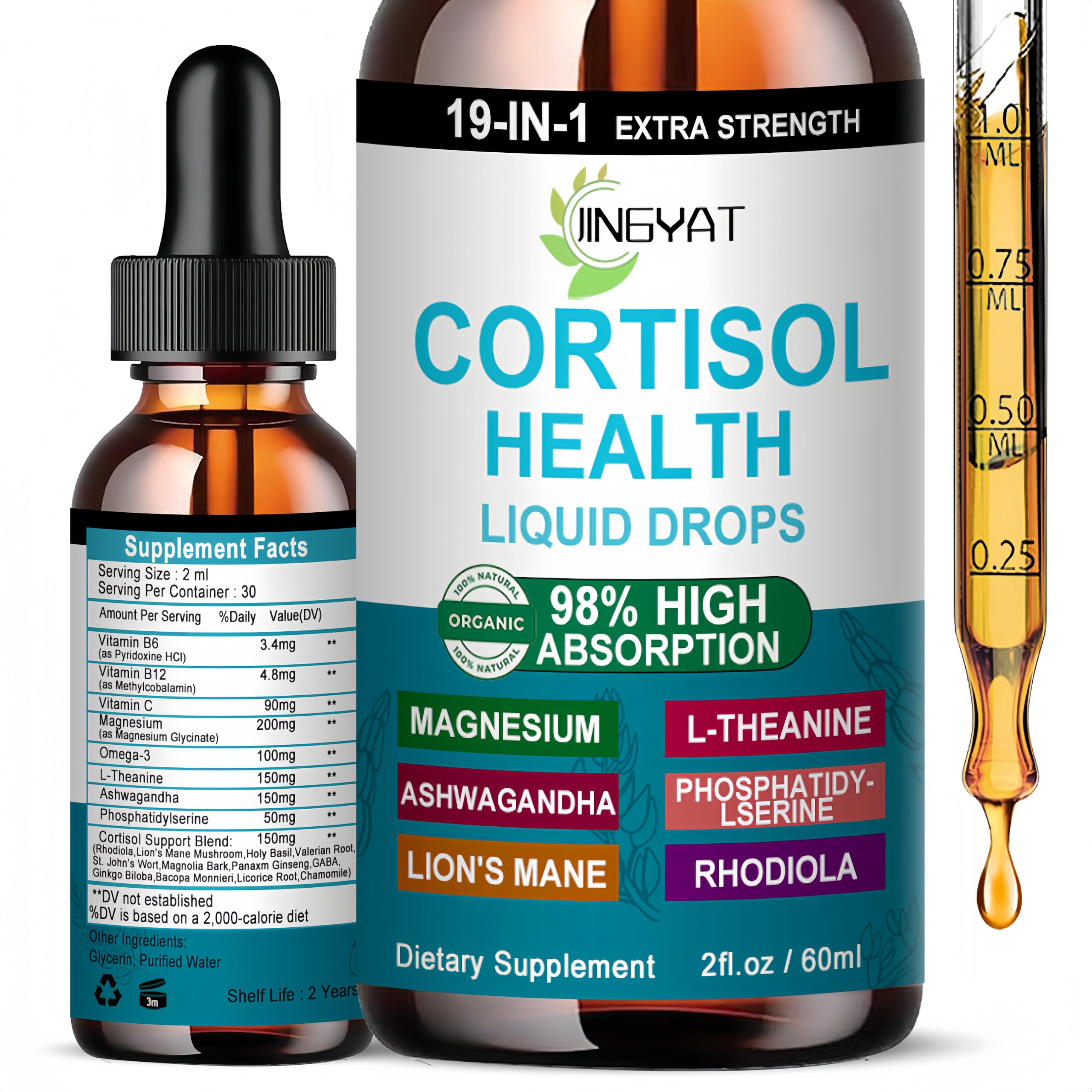 JINGYAT Cortisol Drops for Women bottle pour showing quick stress relief potential