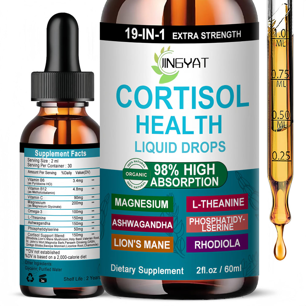JINGYAT Cortisol Drops for Women bottle pour showing quick stress relief potential
