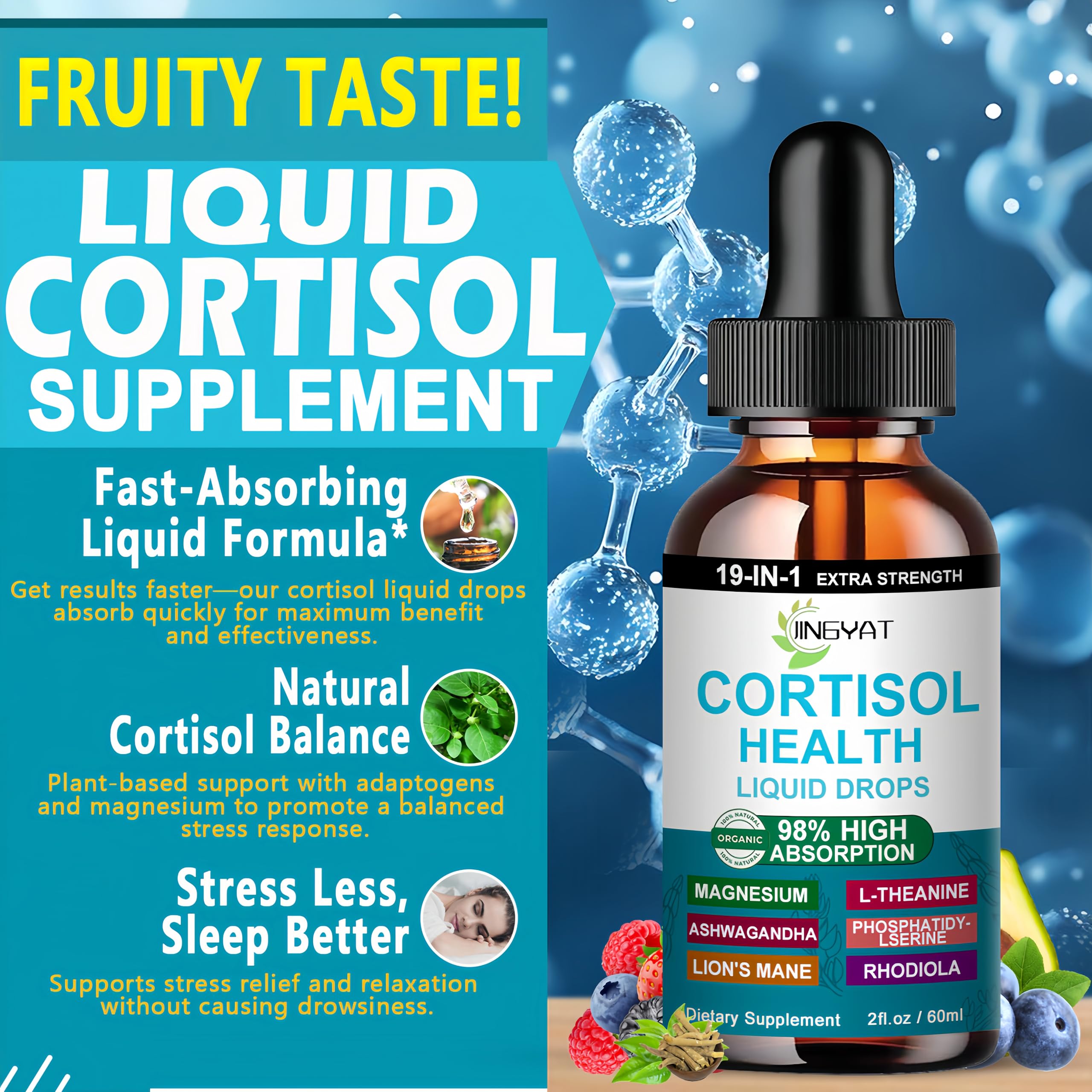 JINGYAT Cortisol Drops for Women label closeup highlighting 19 in 1 formula