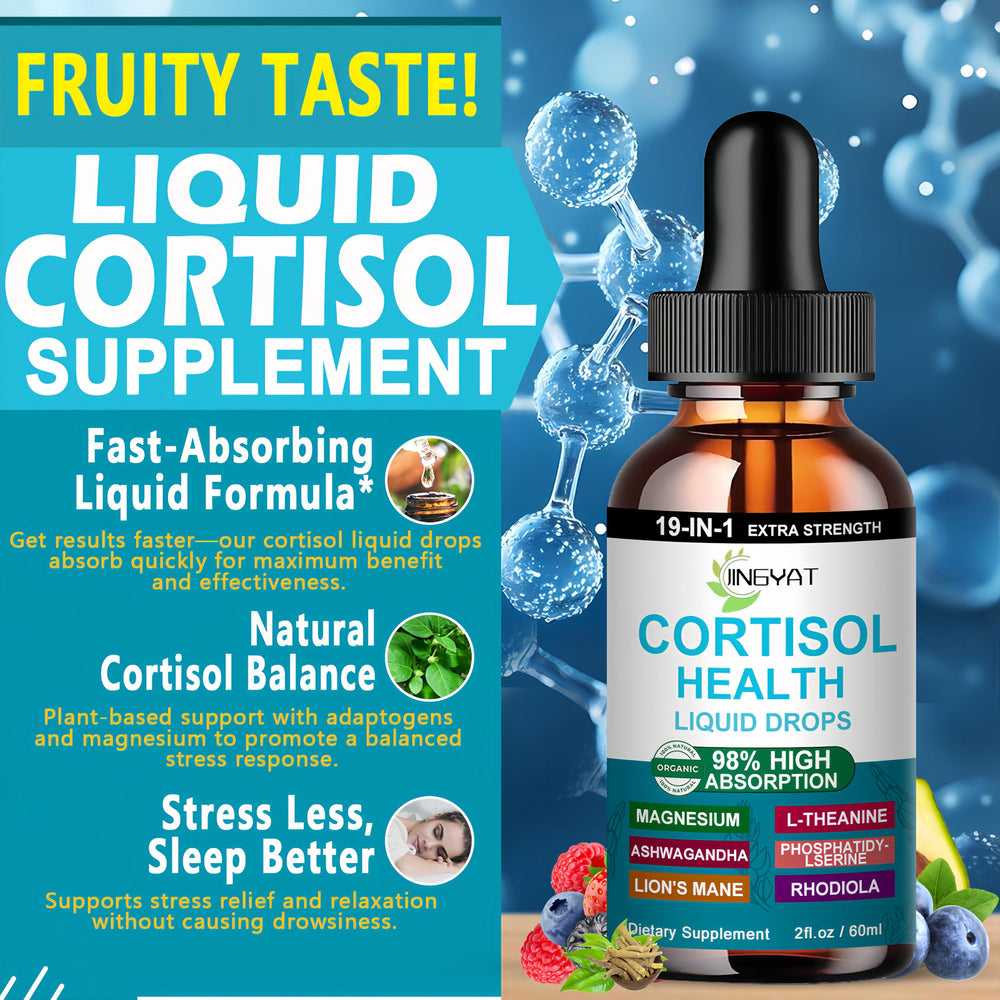 JINGYAT Cortisol Drops for Women label closeup highlighting 19 in 1 formula