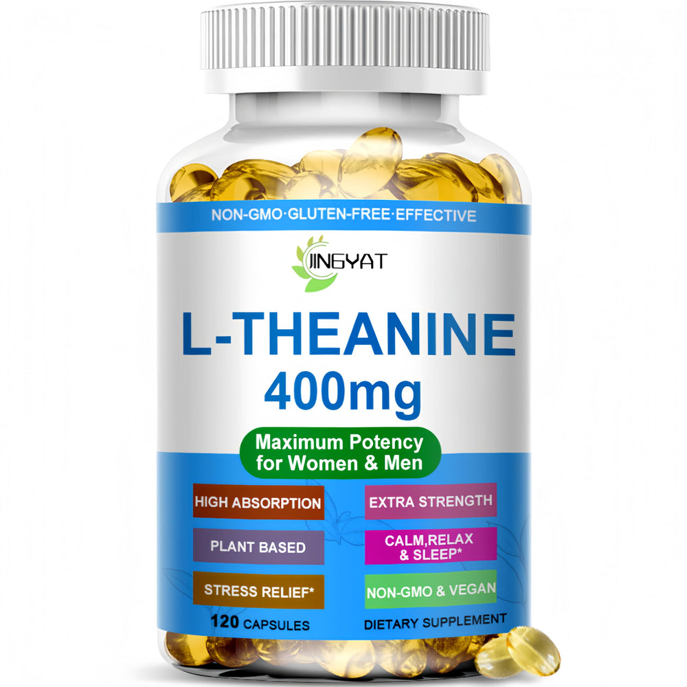 JINGYAT L-Theanine 400 mg softgels in bottle promote calm focus for busy days.