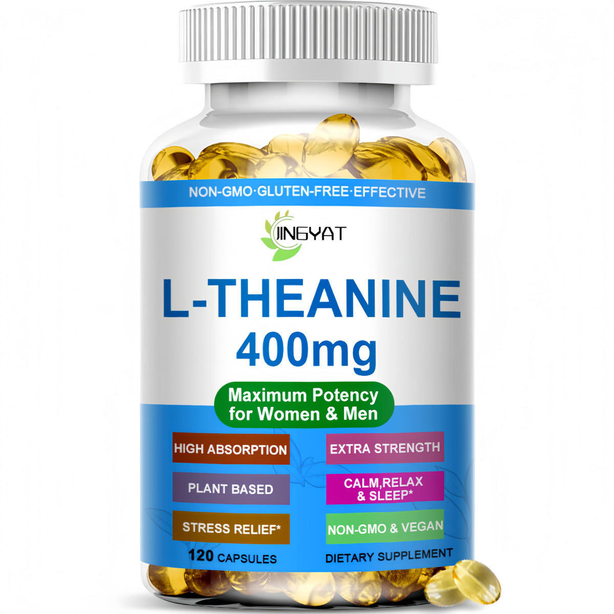 JINGYAT L-Theanine 400 mg softgels in bottle promote calm focus for busy days.