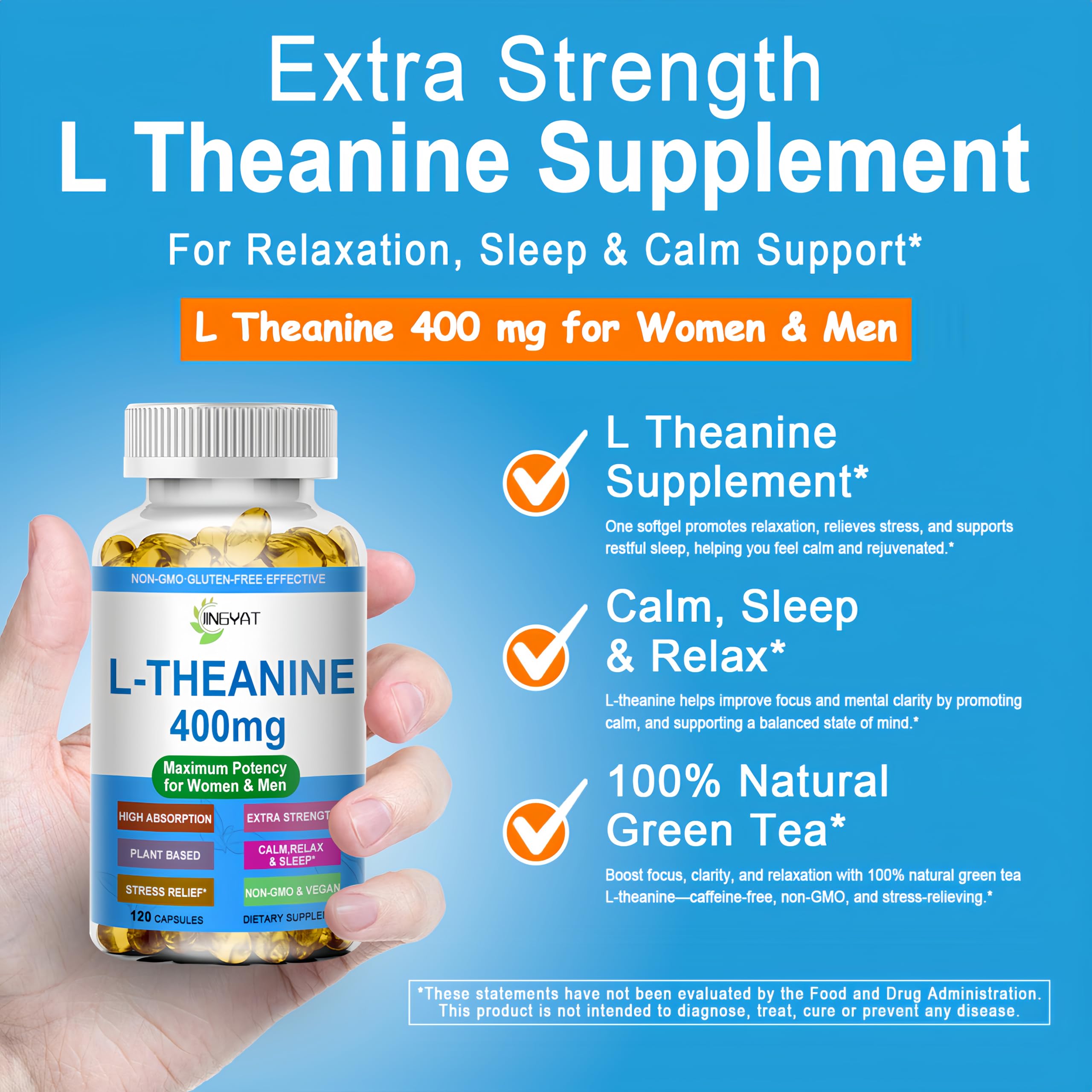 JINGYAT L-Theanine bottle label front highlights vegan and gluten-free traits.