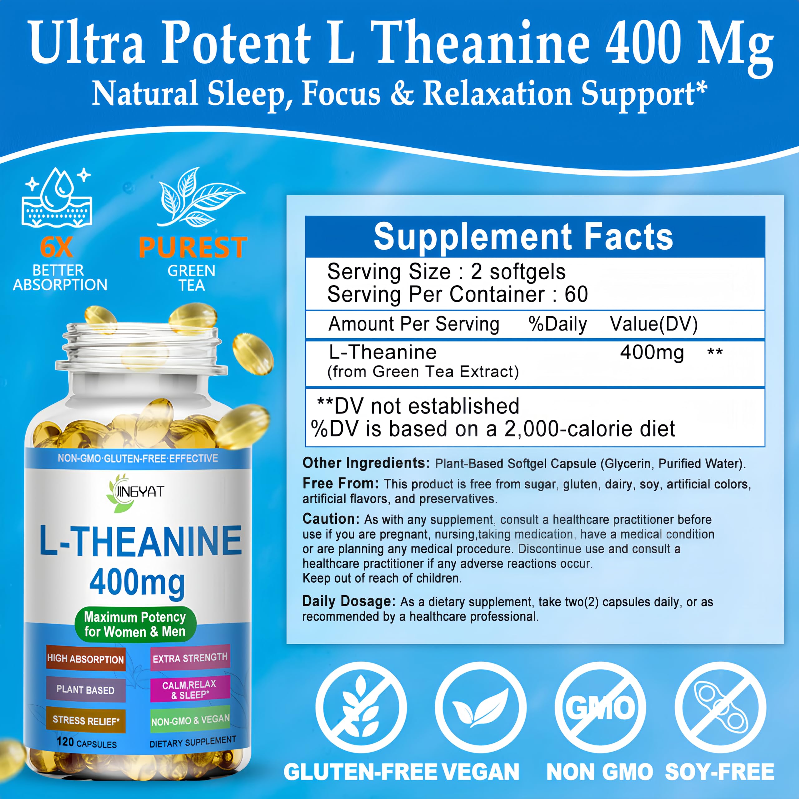 Packaging box of JINGYAT L-Theanine reflects plant-based, non-GMO formulation.