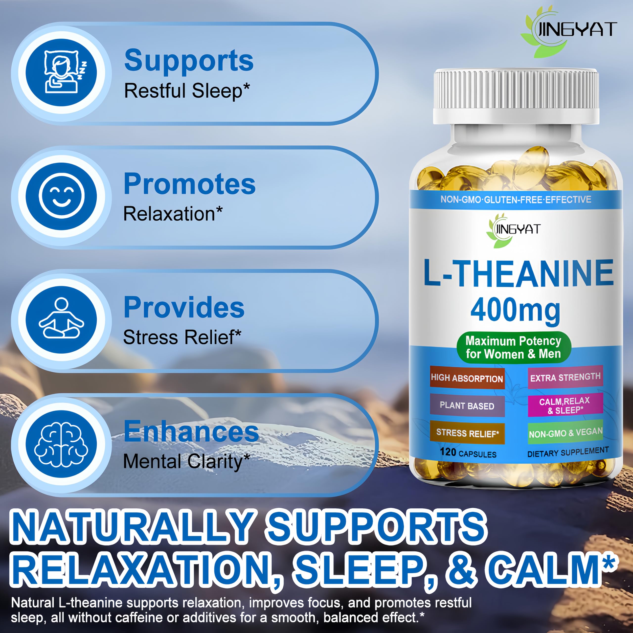 Closeup of JINGYAT L-Theanine softgel capsules showing smooth form and quality.
