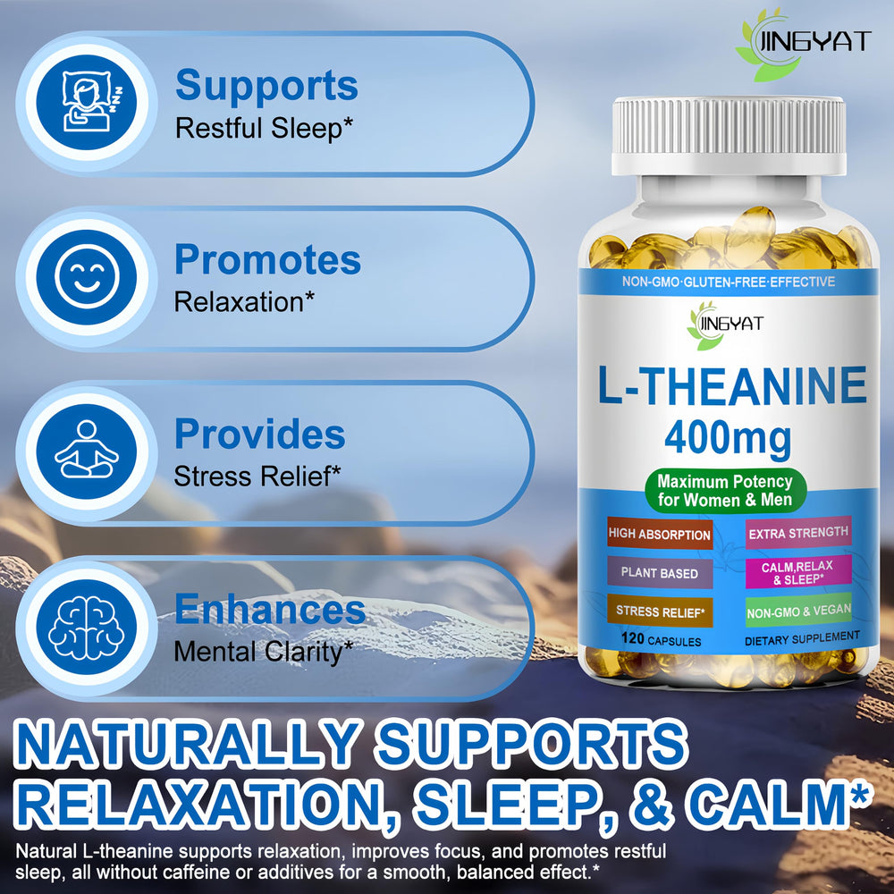 Closeup of JINGYAT L-Theanine softgel capsules showing smooth form and quality.