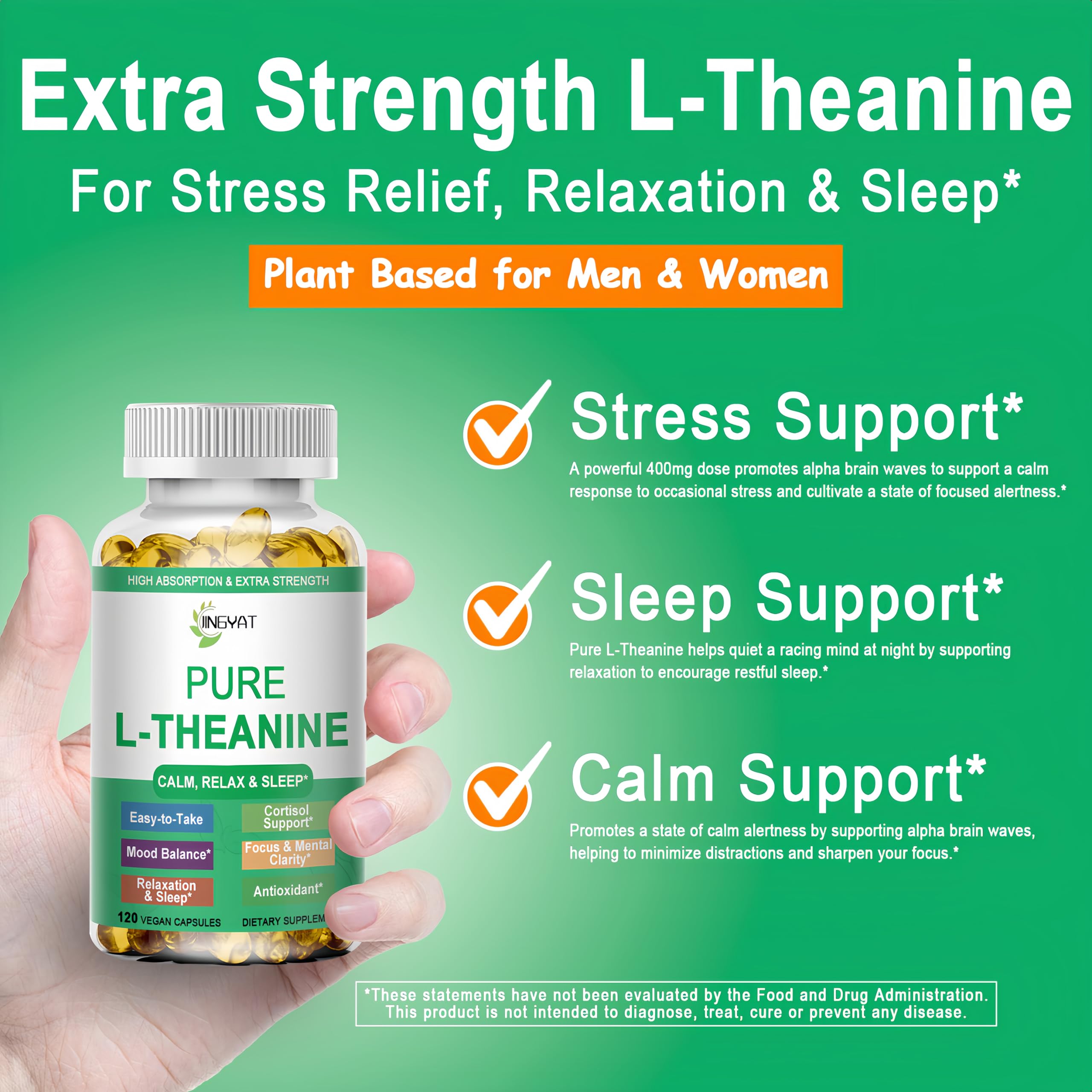 Close-up of JINGYAT L-Theanine softgels showing easy-to-swallow capsules.