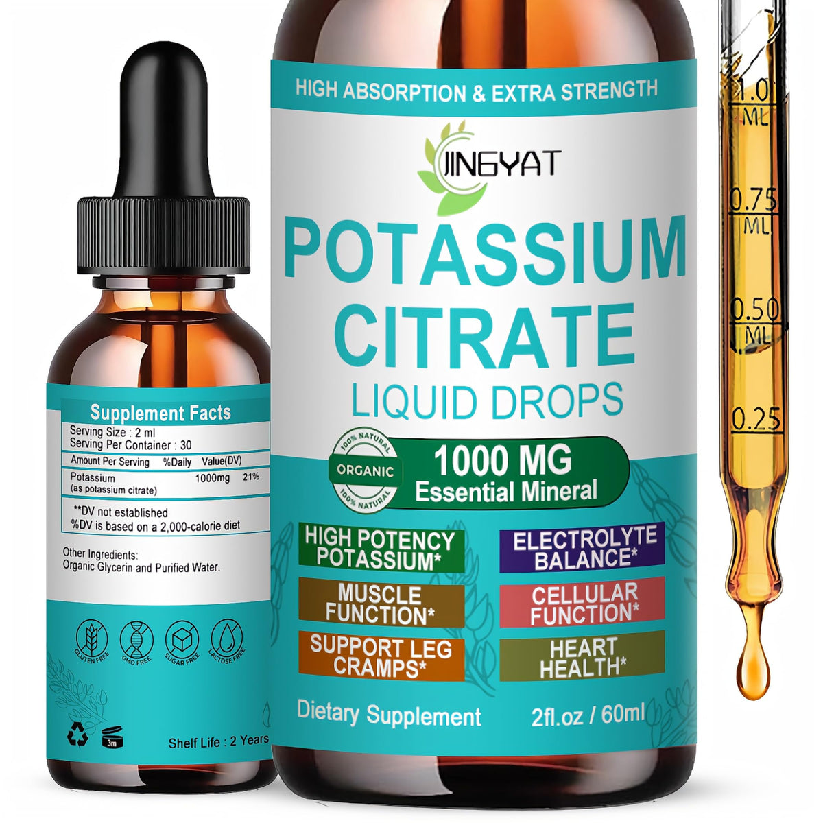 JINGYAT potassium citrate liquid drops bottle for on the go hydration support