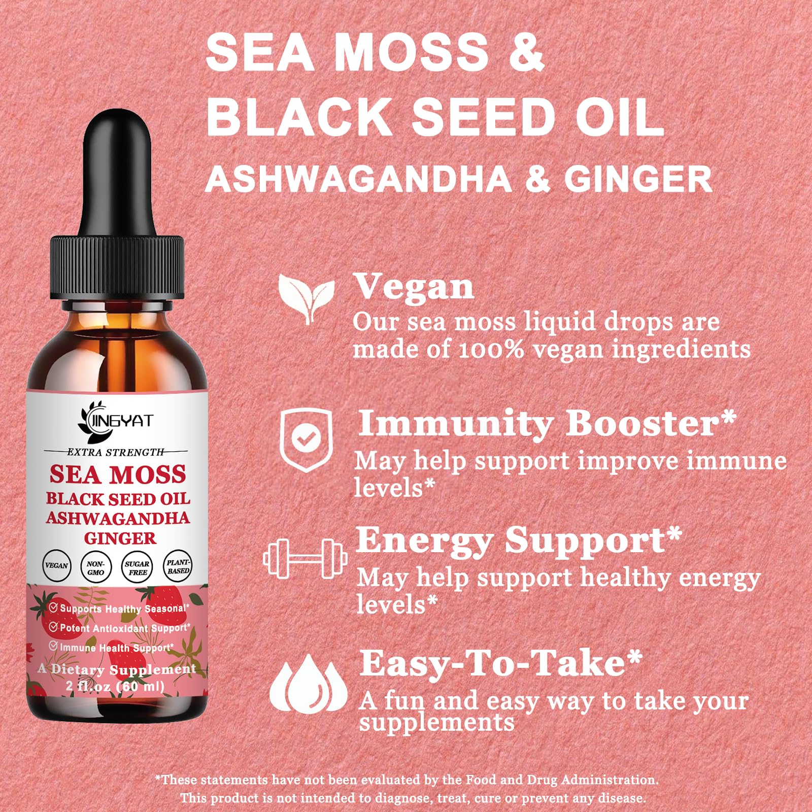 JINGYAT sea moss black seed oil drops pour for easy dosing.