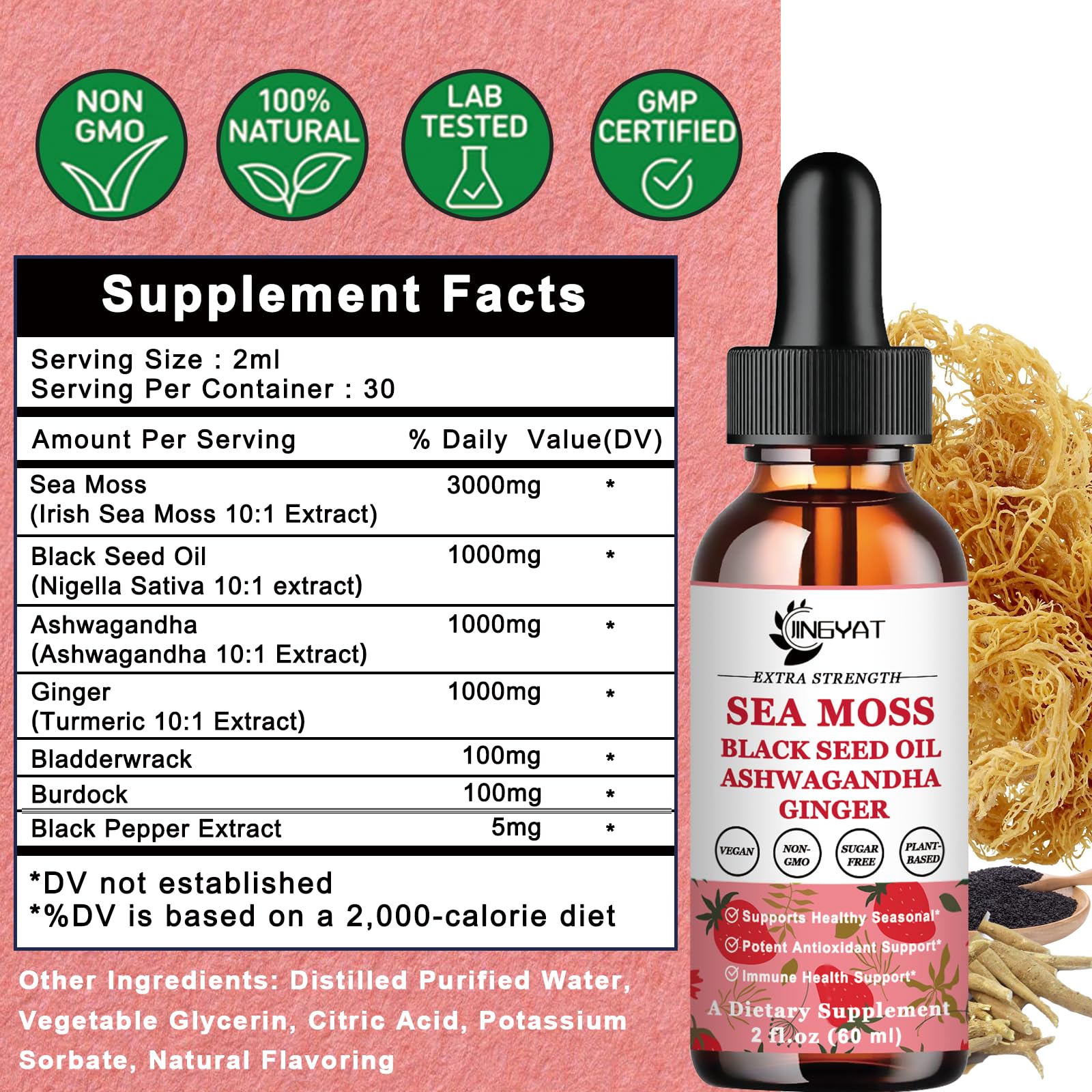 JINGYAT vegan Irish sea moss label bottle rich in minerals.