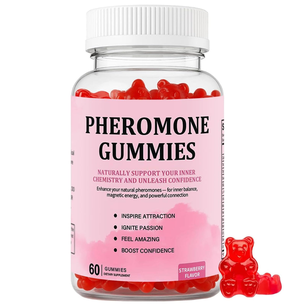 JINMAO Pheromone Gummies bottle shows strawberry flavor for daily balance.