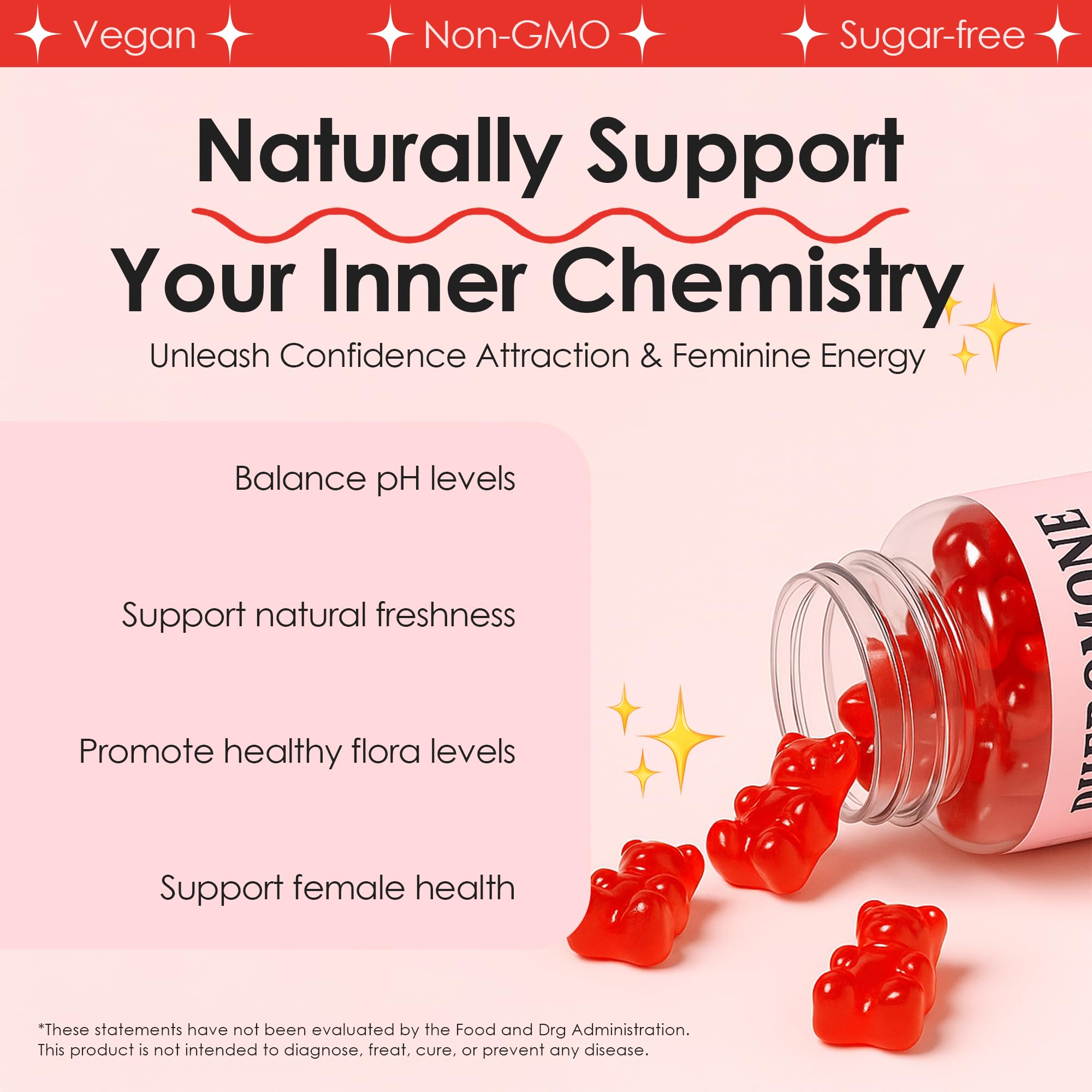 JINMAO Pheromone Gummies jar closeup highlights plant-based ingredients for daily confidence.