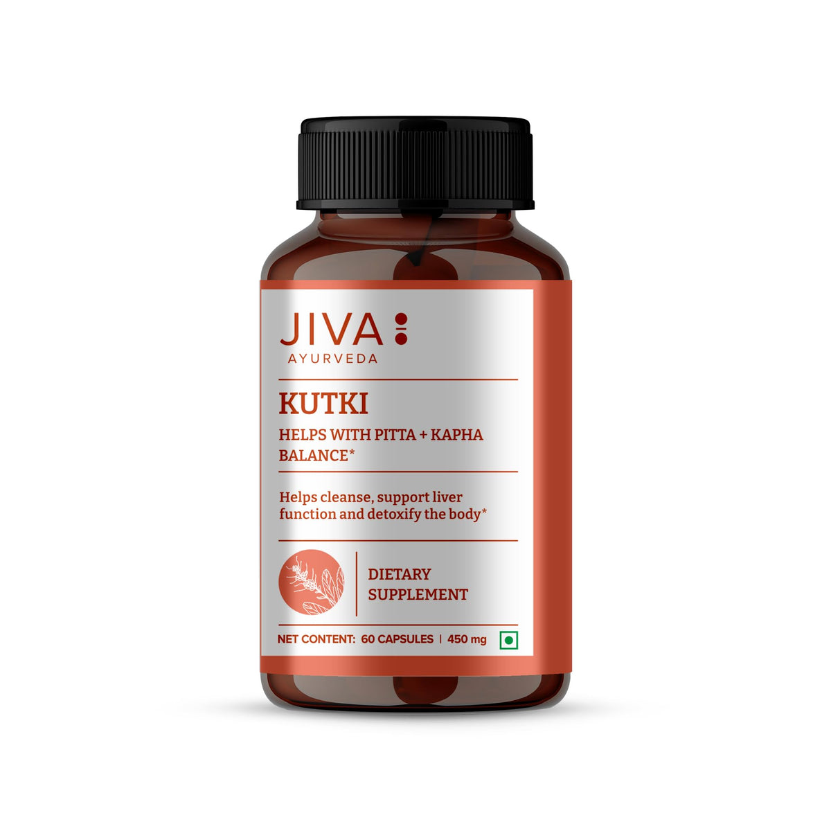 Jiva Ayurveda Kutki capsules bottle with label; supports liver health and daily balance.