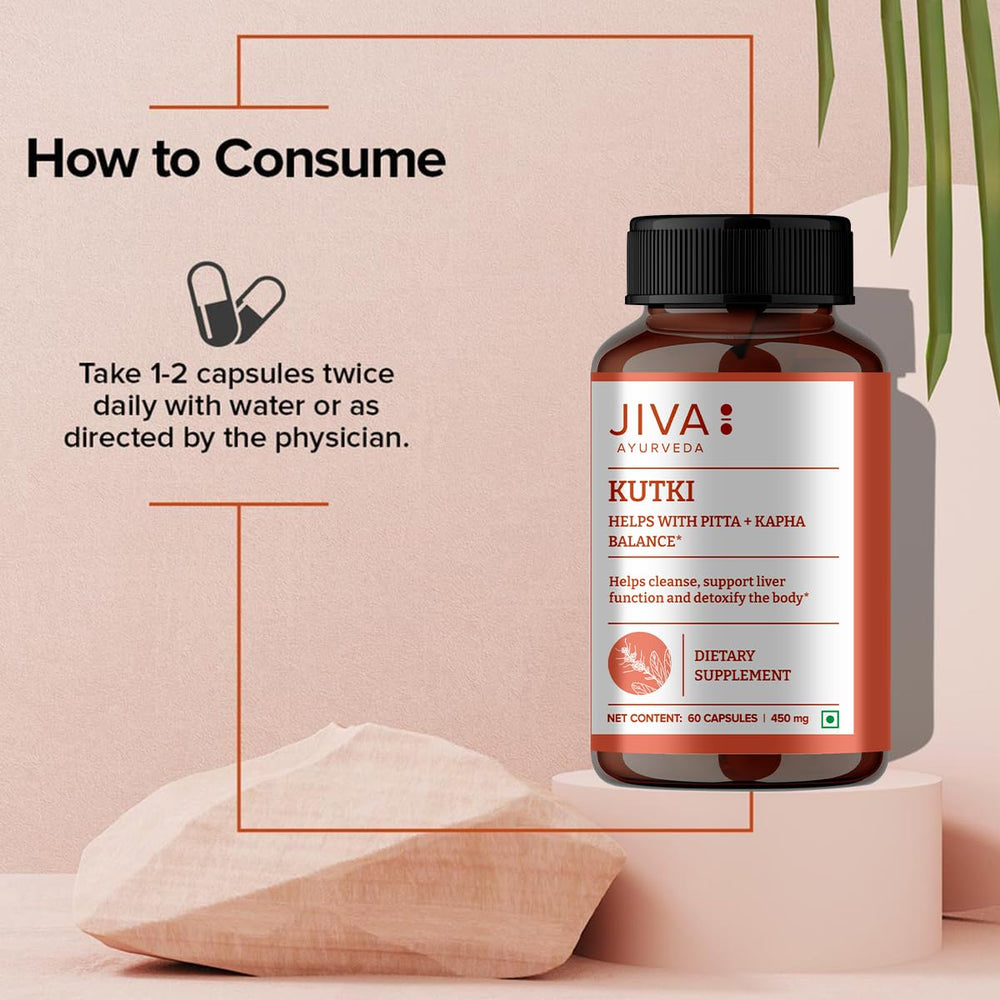 Jiva Kutki capsules on spoon; daily wellness ritual and balance.