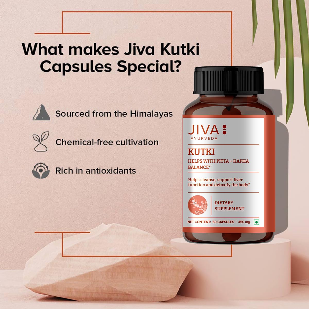 Jiva Ayurveda Kutki capsules with herbal context; supports adaptogenic balance.