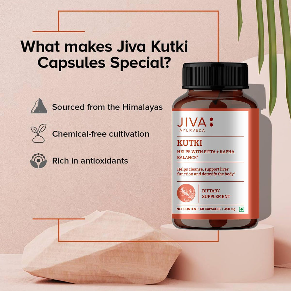 Jiva Ayurveda Kutki capsules with herbal context; supports adaptogenic balance.
