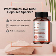 Jiva Ayurveda Kutki capsules with herbal context; supports adaptogenic balance.