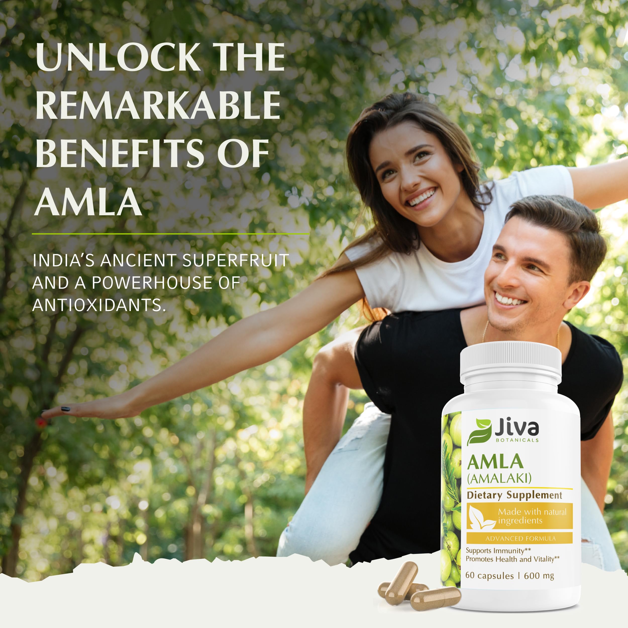 Closeup of Jiva Botanicals Amla capsules emphasizing vegan, pure ingredients and potency.
