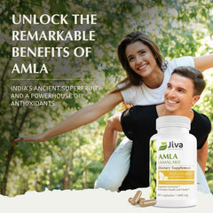 Closeup of Jiva Botanicals Amla capsules emphasizing vegan, pure ingredients and potency.