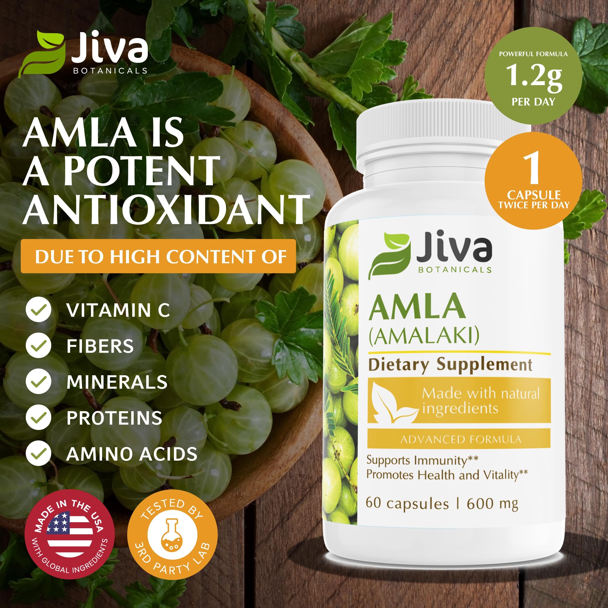 Amla capsules label highlights ingredients and clean, GMO-free nutrition.