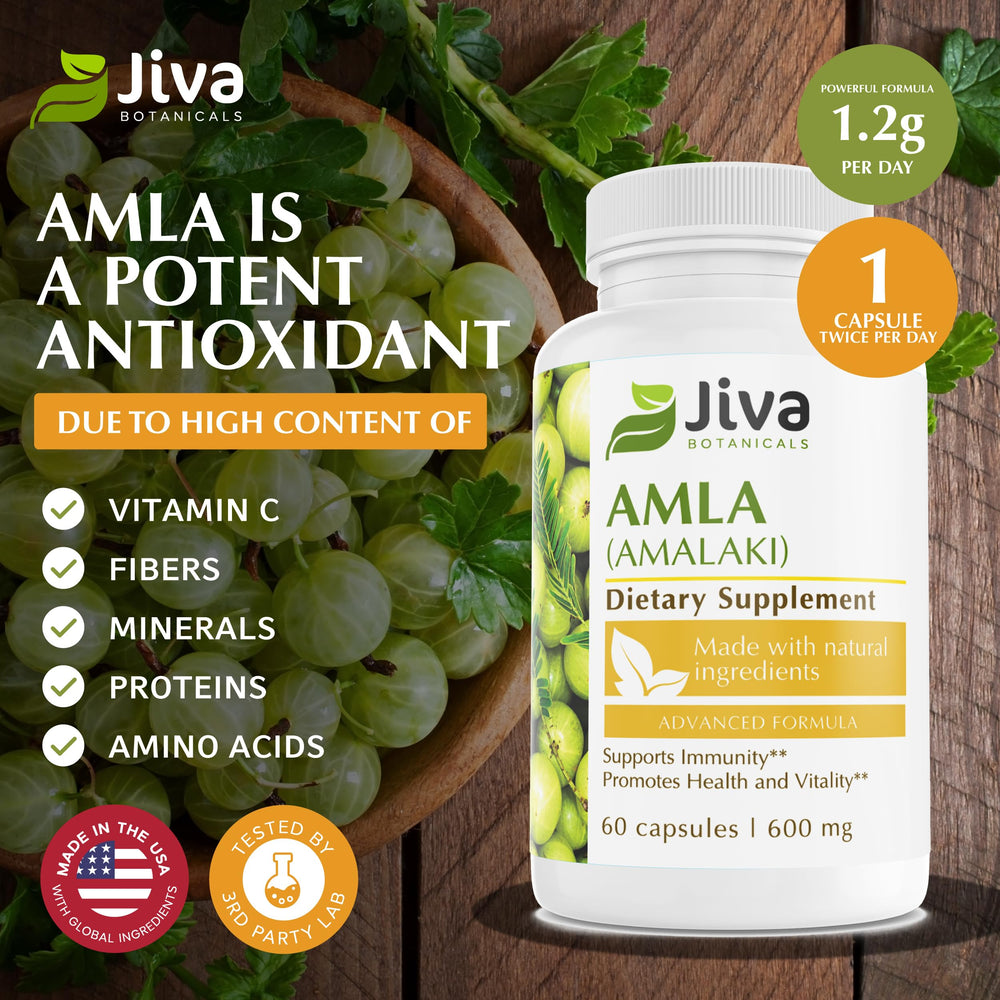 Amla capsules label highlights ingredients and clean, GMO-free nutrition.