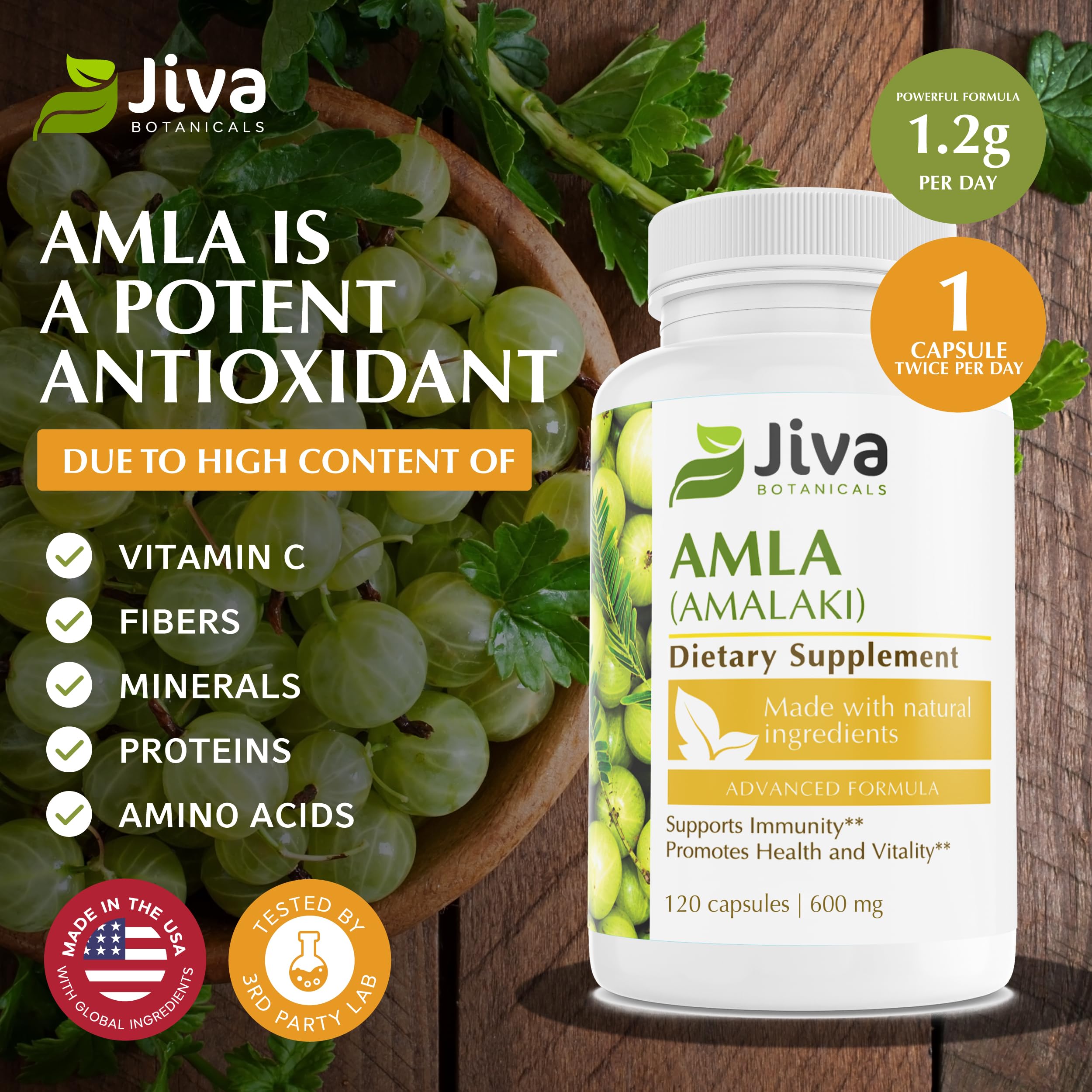 Jiva Botanicals amla fruit powder closeup emphasizes antioxidant-rich fruit.