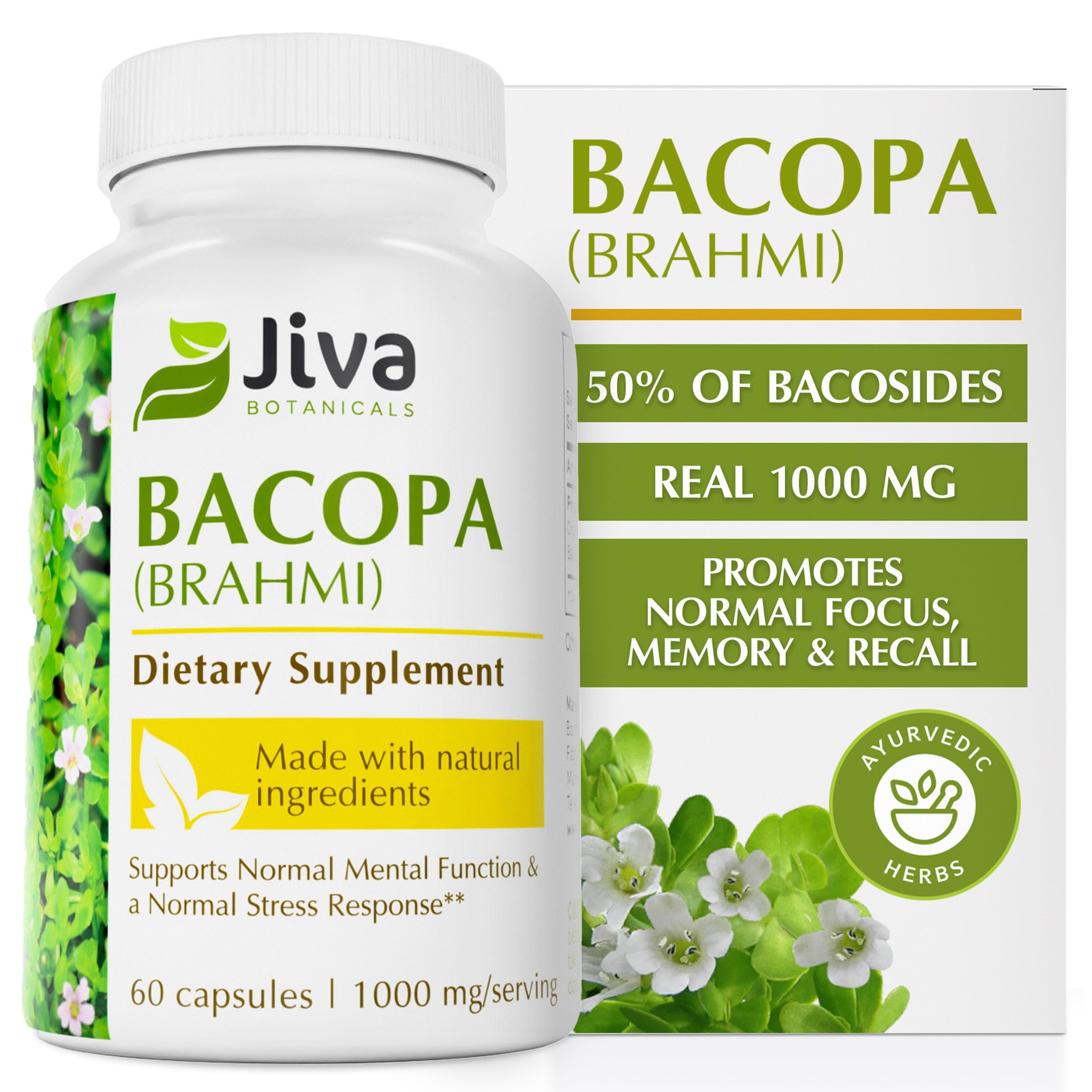 Jiva Botanicals Bacopa bottle label highlighting 1000 mg per serving for cognitive support.