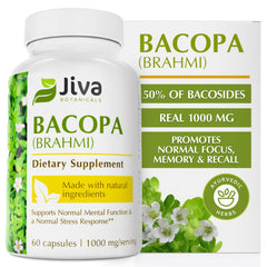 Jiva Botanicals Bacopa bottle label highlighting 1000 mg per serving for cognitive support.