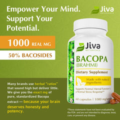 Jiva Botanicals Bacopa capsules closeup emphasizes vegan, non-GMO ingredients for daily use.