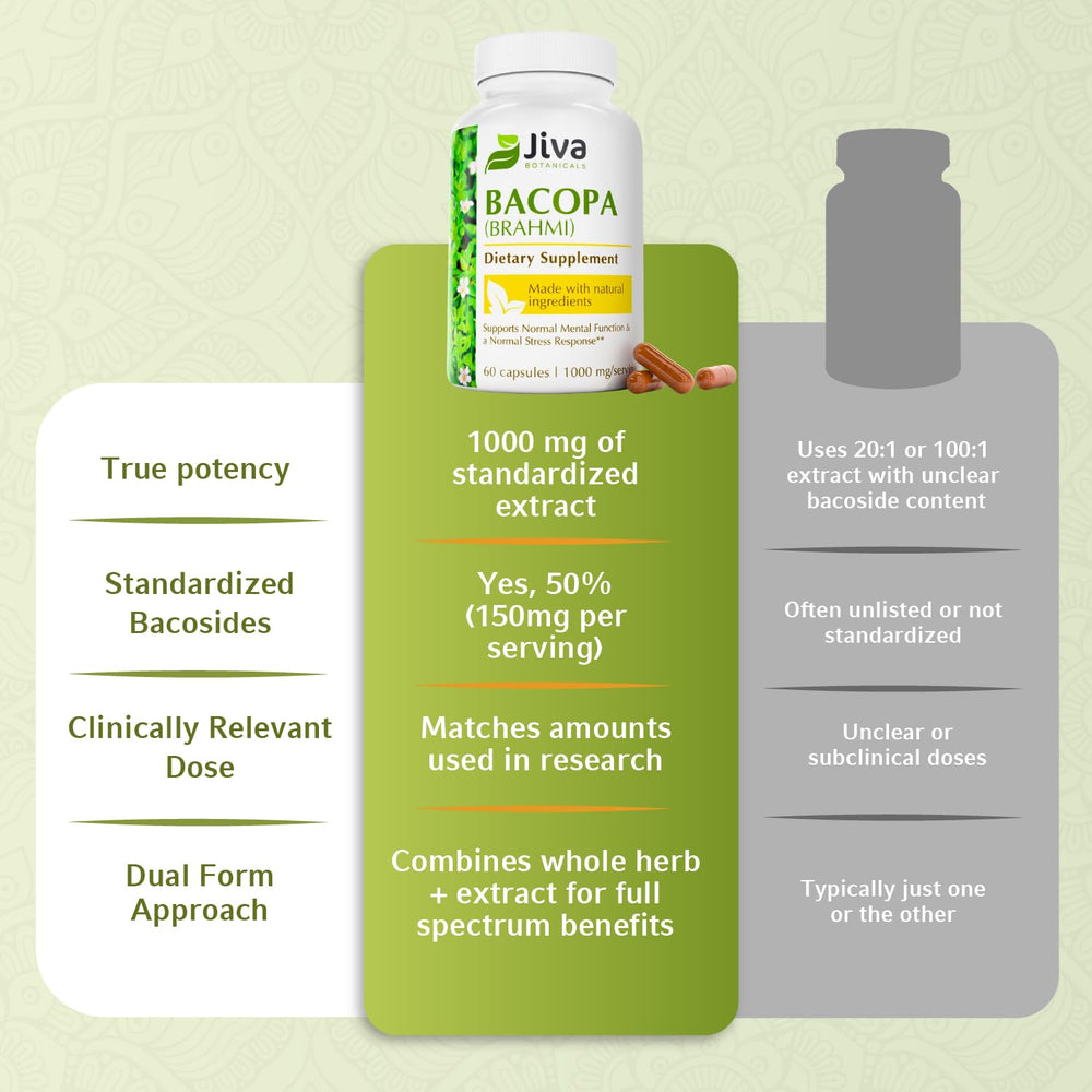 Jiva Botanicals Bacopa packaging box shows a modern, trustworthy design.