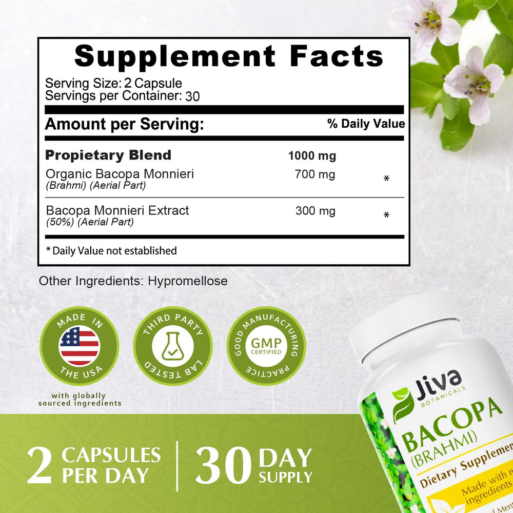 Jiva Botanicals Bacopa USA-made manufacturing badge communicates quality standards.