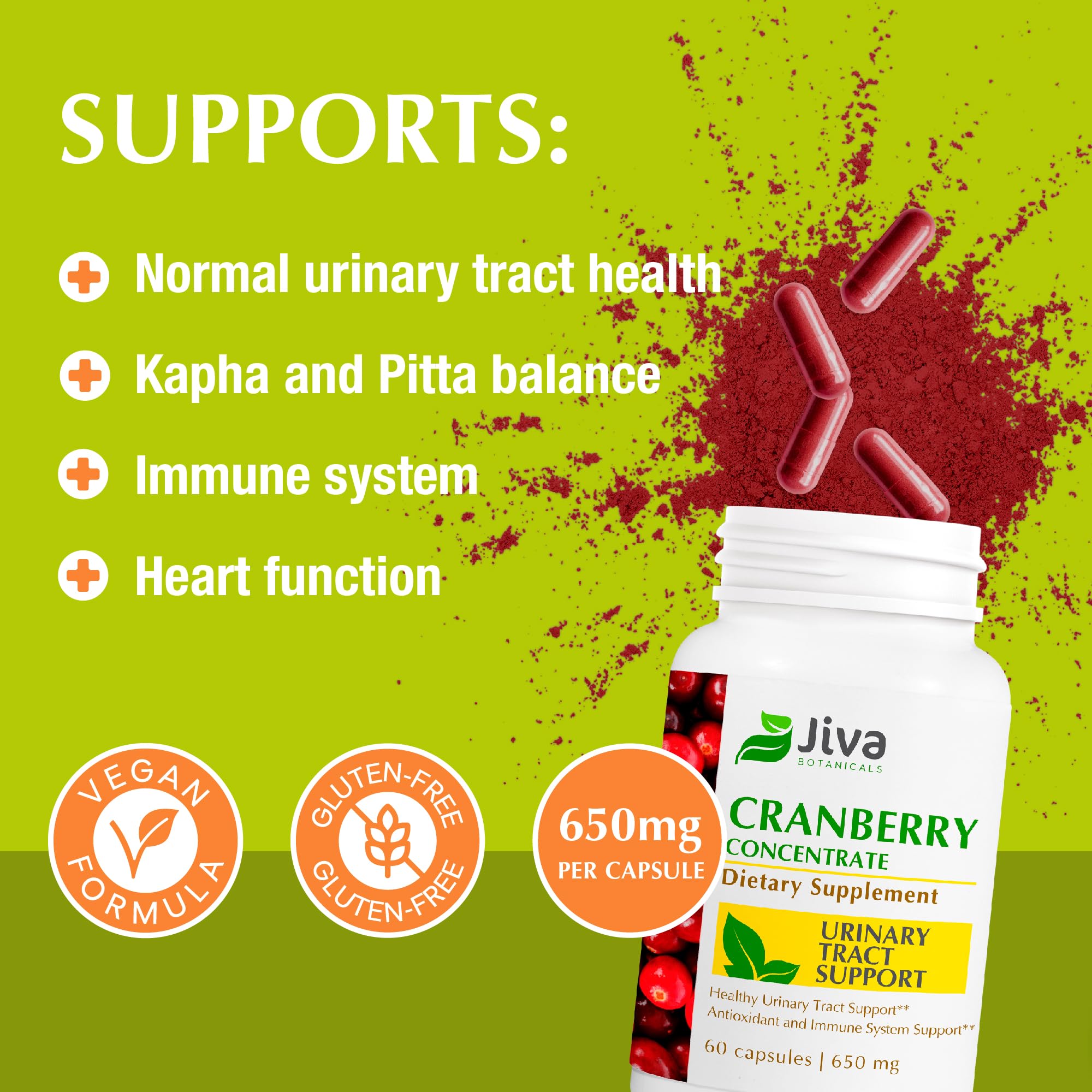 Jiva Botanicals cranberry capsules in an amber bottle suggest vegan-friendly nutrition.