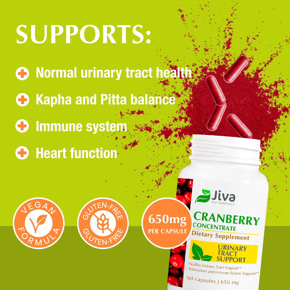 Jiva Botanicals cranberry capsules in an amber bottle suggest vegan-friendly nutrition.
