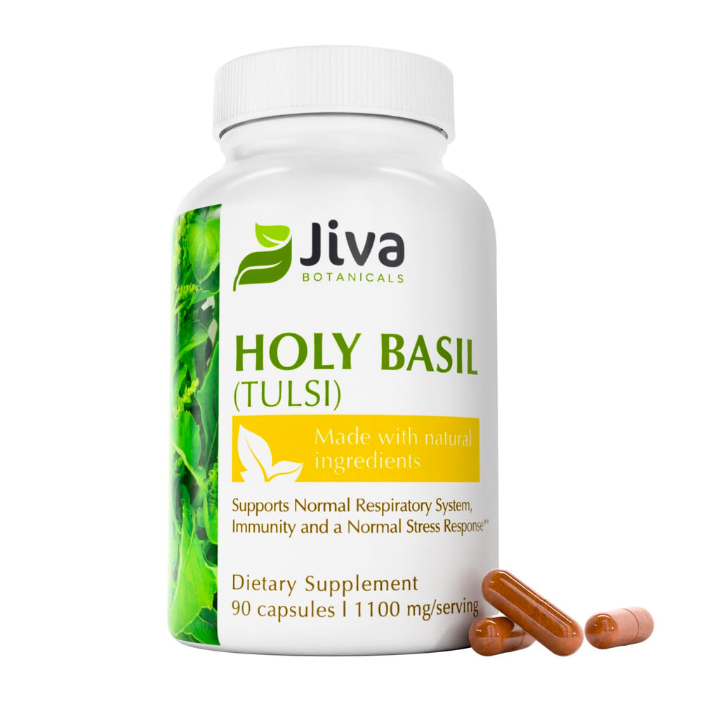 Jiva Botanicals Holy Basil capsules bottle for daily balance and calm moments.