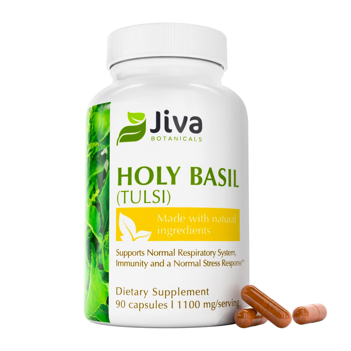 Jiva Botanicals Holy Basil capsules bottle for daily balance and calm moments.