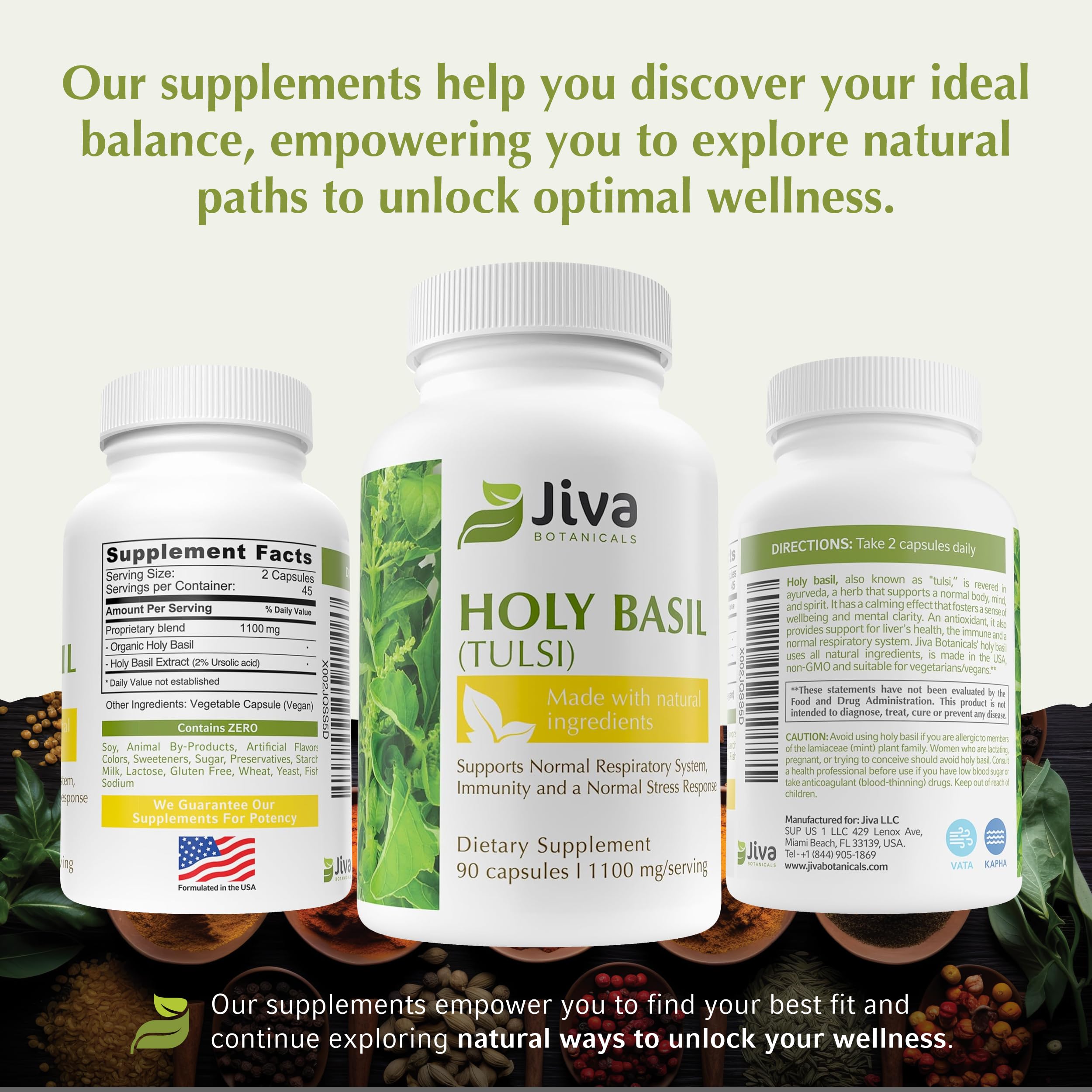 Jiva Botanicals Holy Basil ingredients panel for clean, additive-free supplement.