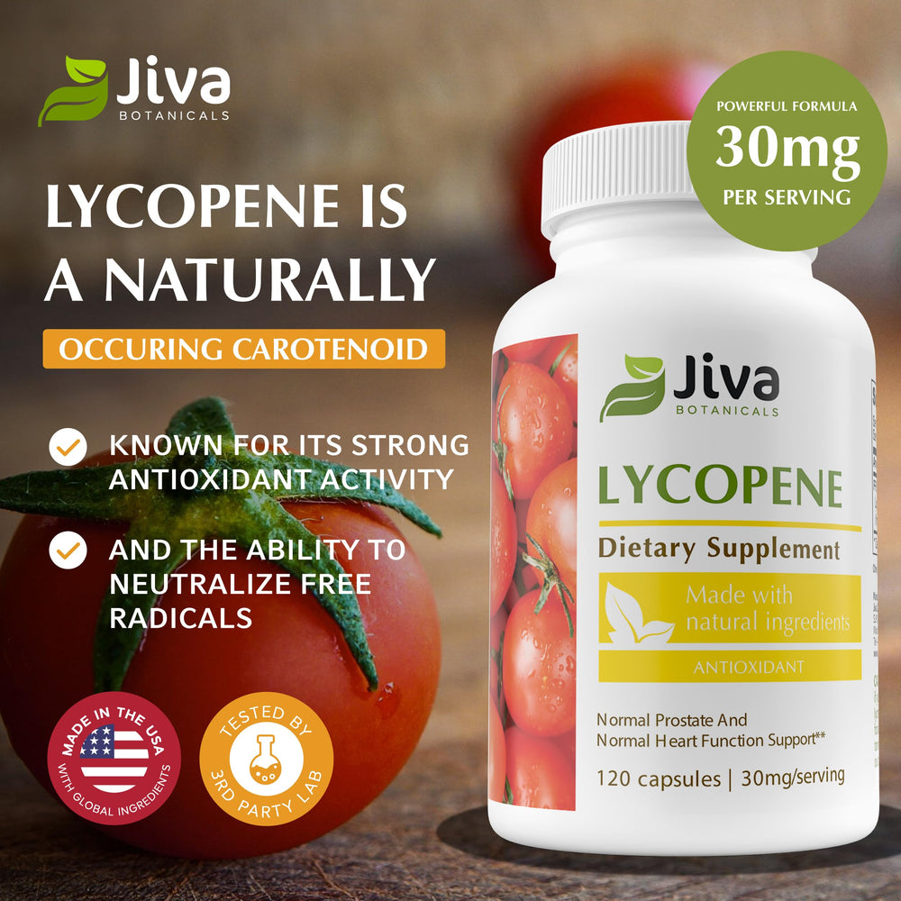 Jiva Botanicals Lycopene bottle near meals suggesting easy daily intake with food.
