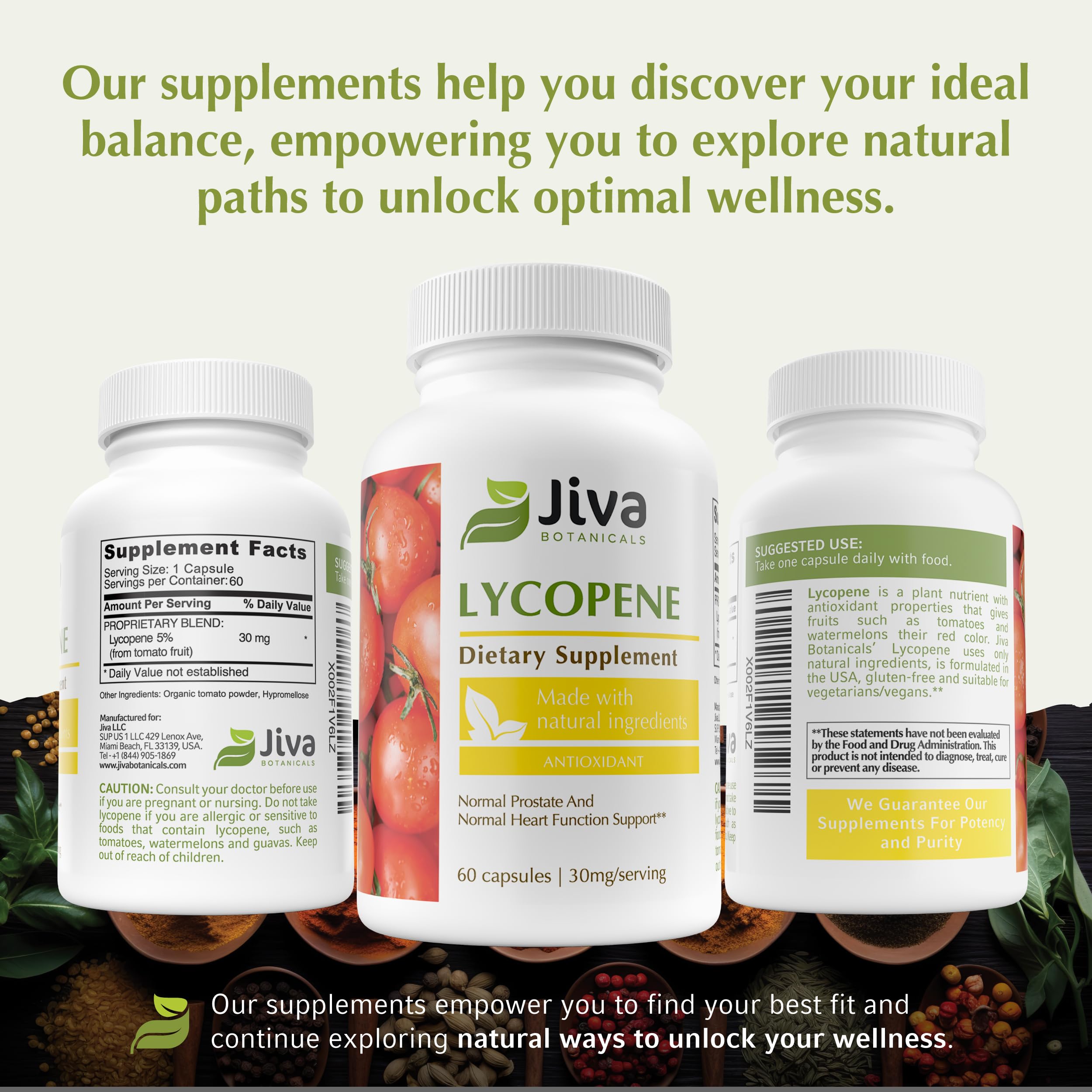 Jiva Botanicals Lycopene bottle on shelf for daily wellness.
