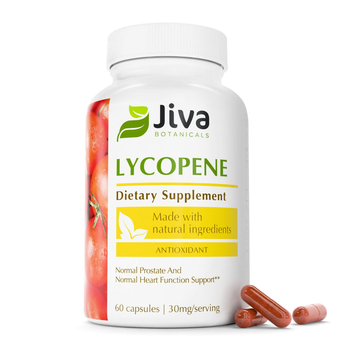 Jiva Botanicals Lycopene capsule close-up with tomato carotenoids.
