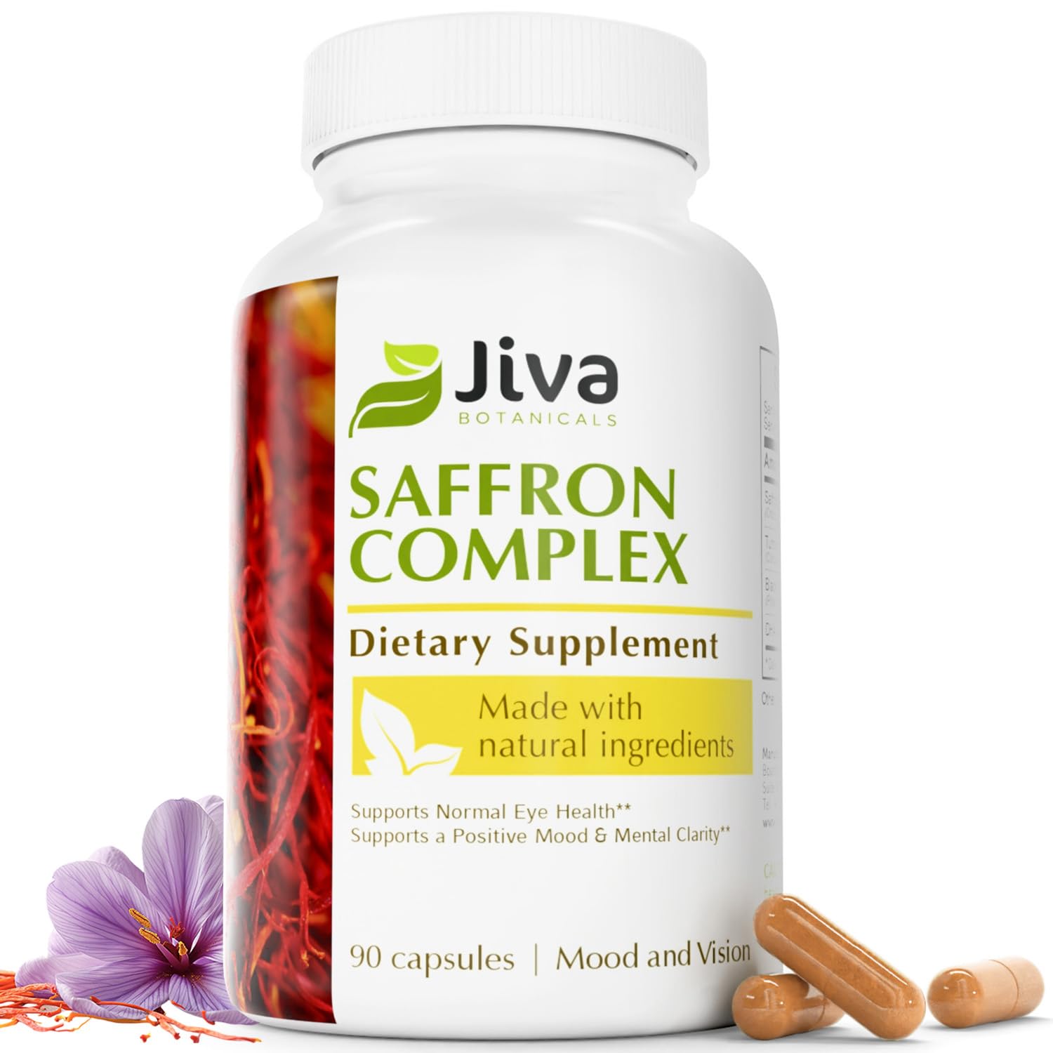 Jiva Botanicals saffron capsules bottle front highlighting mood balance benefit