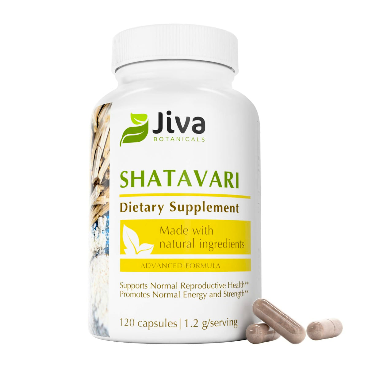 The Jiva Botanicals Shatavari bottle front highlights 1200mg per serving for daily balance.