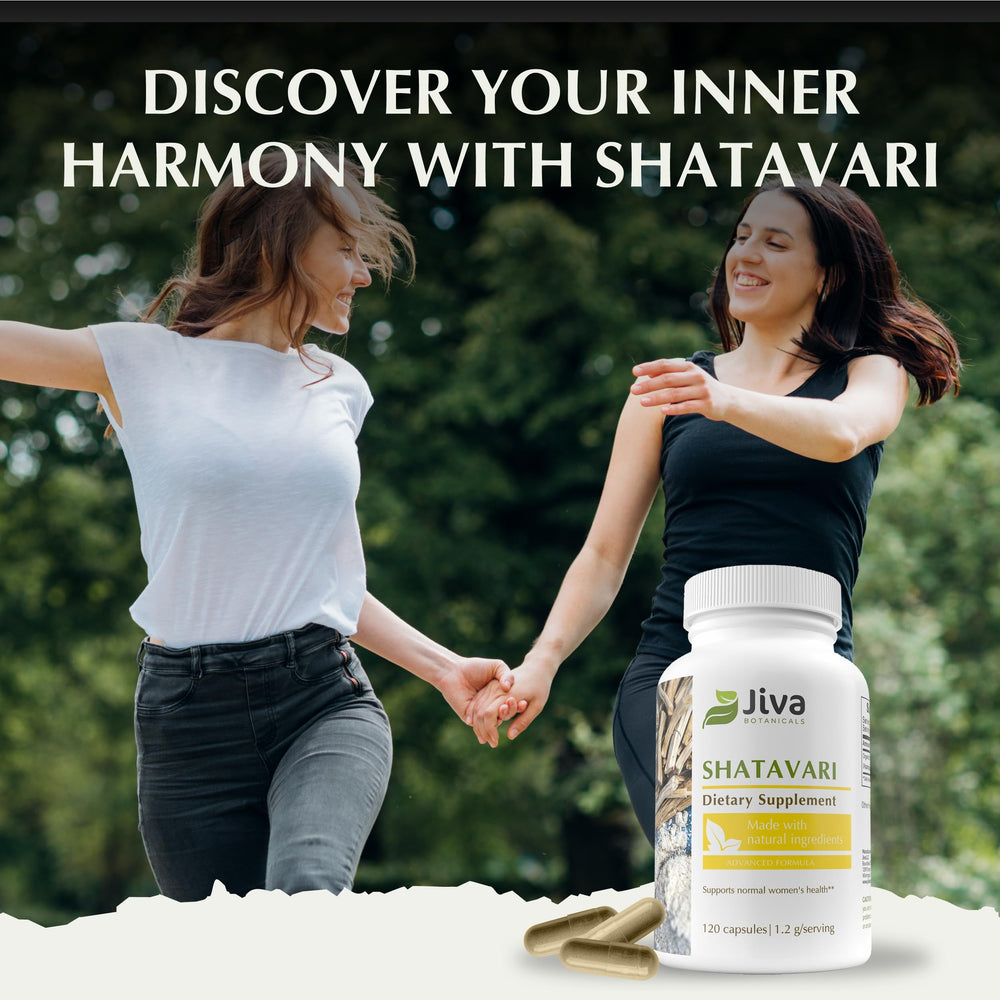 Bottle shows nutrition facts for easy dosing with Jiva Botanicals Shatavari.