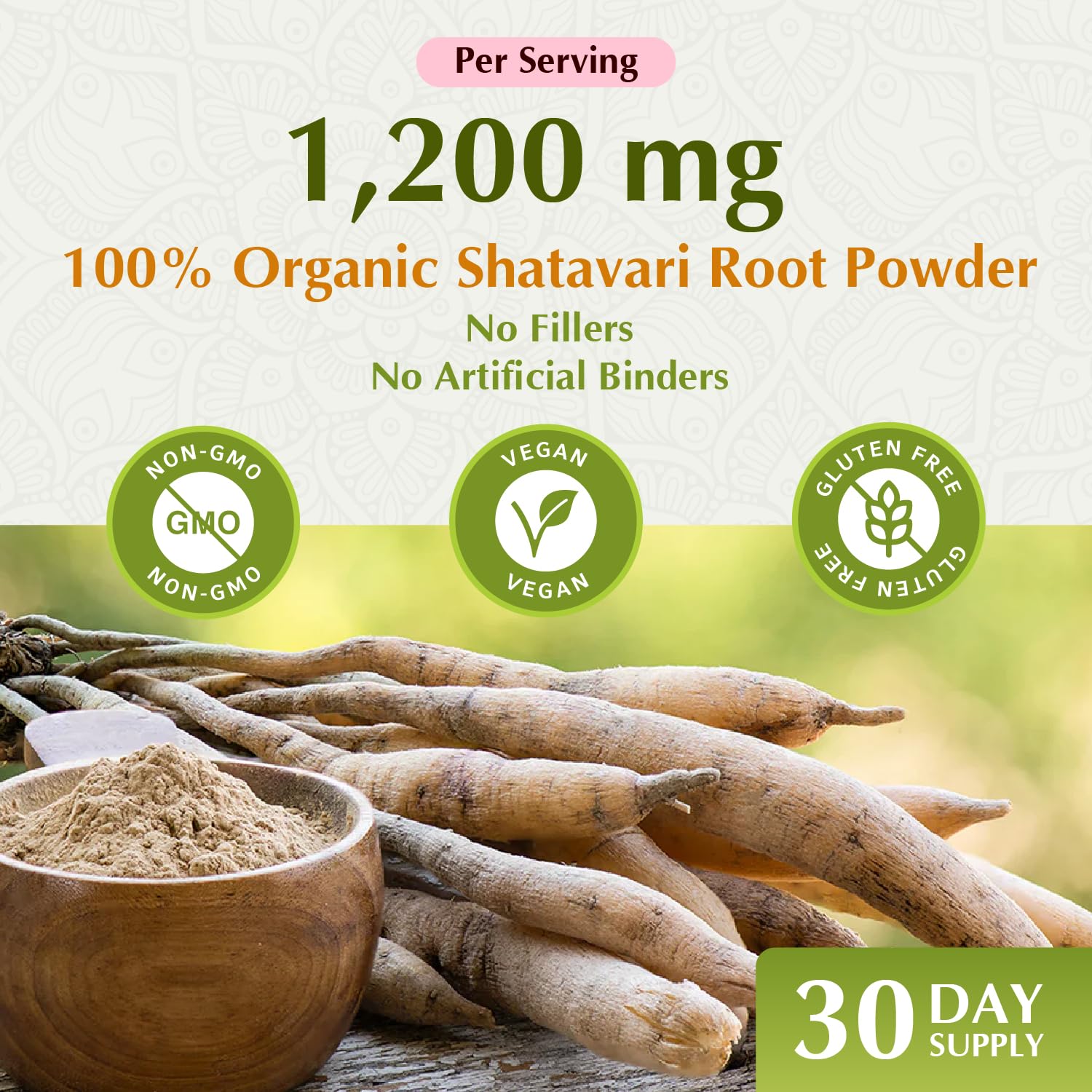 Closeup of Shatavari capsule label highlighting purity and tested quality for women's health.