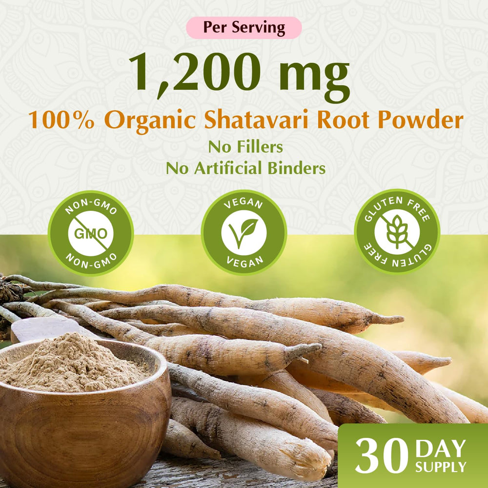 Closeup of Shatavari capsule label highlighting purity and tested quality for women's health.