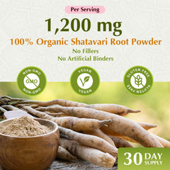 Closeup of Shatavari capsule label highlighting purity and tested quality for women's health.
