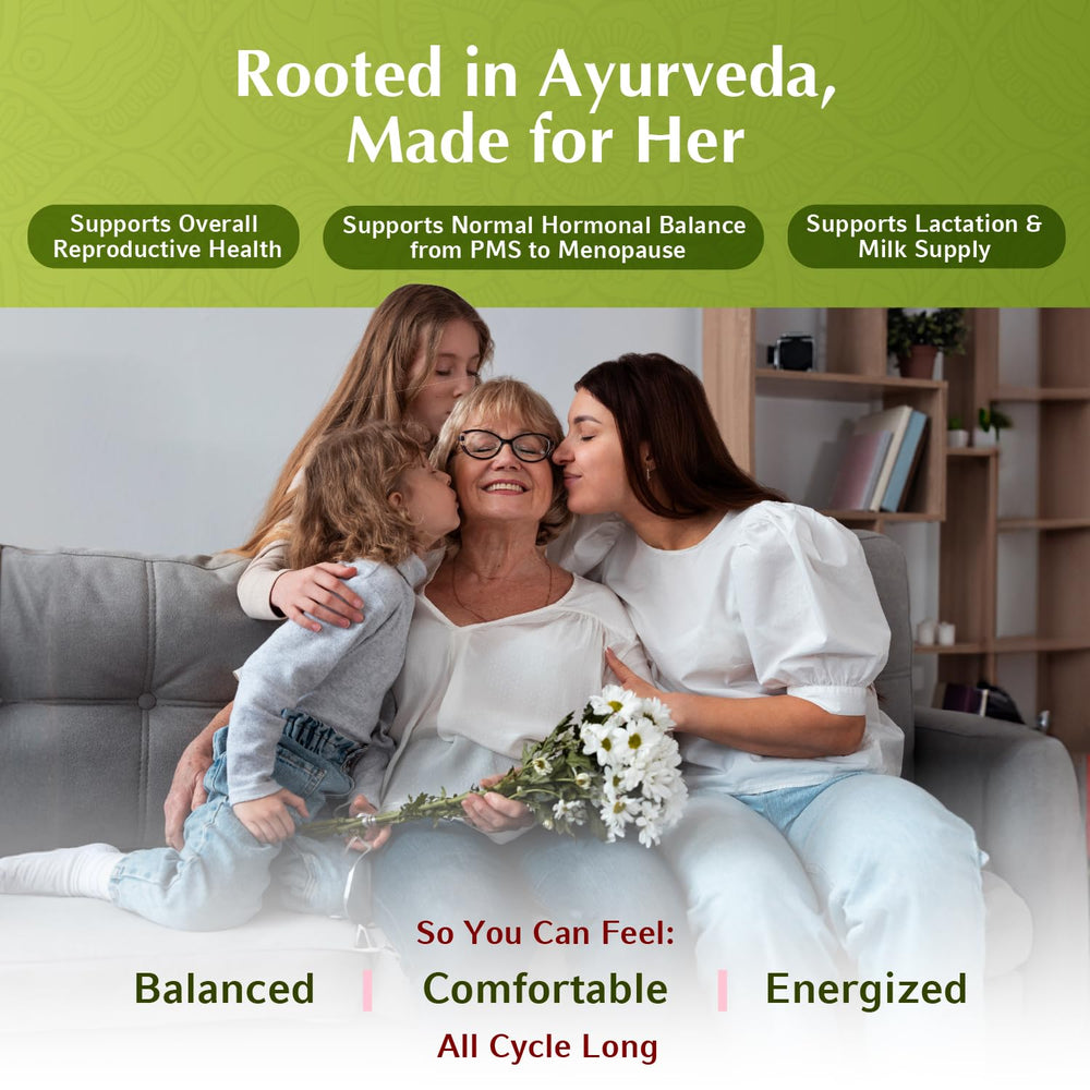 Packaging highlights vegan, non-GMO, gluten-free Shatavari capsules for women's health.