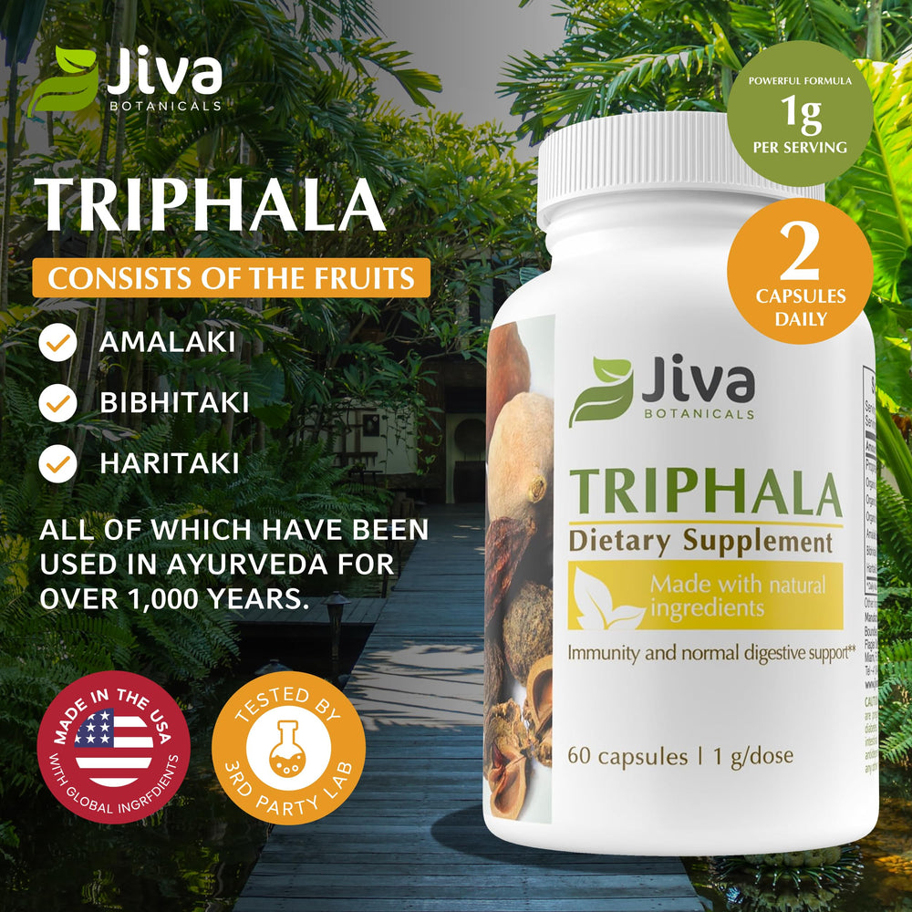 Jiva Botanicals Triphala capsules ready-to-swallow for a simple daily digestive routine.