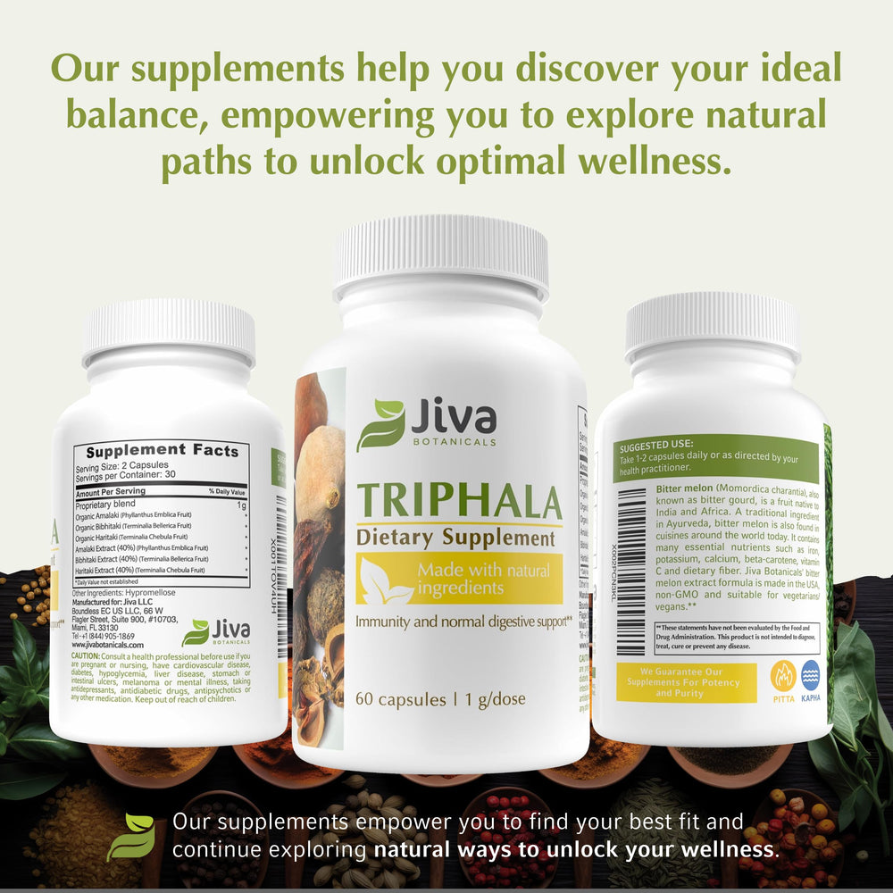 Jiva Botanicals Triphala daily-use bottle on kitchen shelf ready for routine.