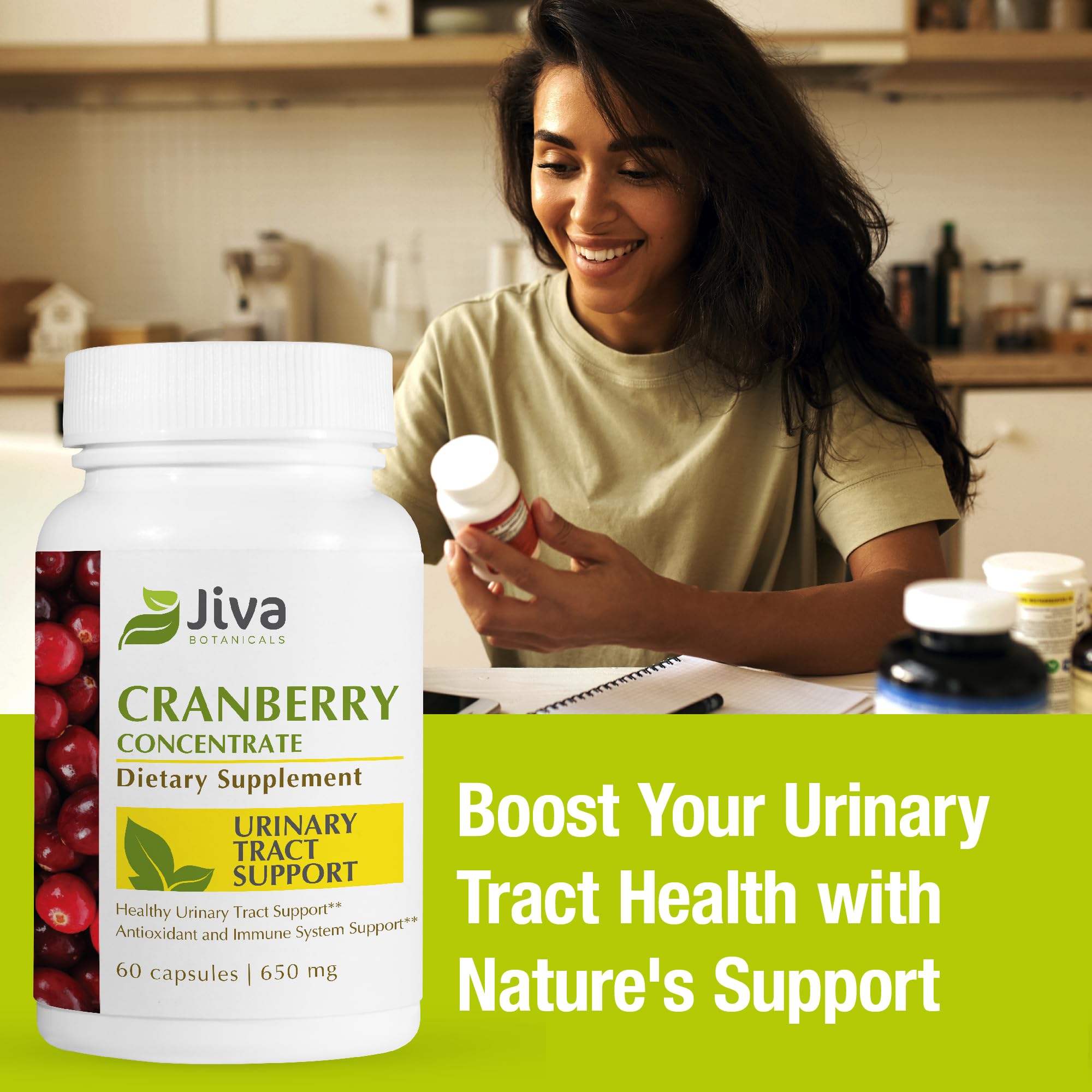 Cranberry powder extract capsule from Jiva Botanicals supports normal urinary health.